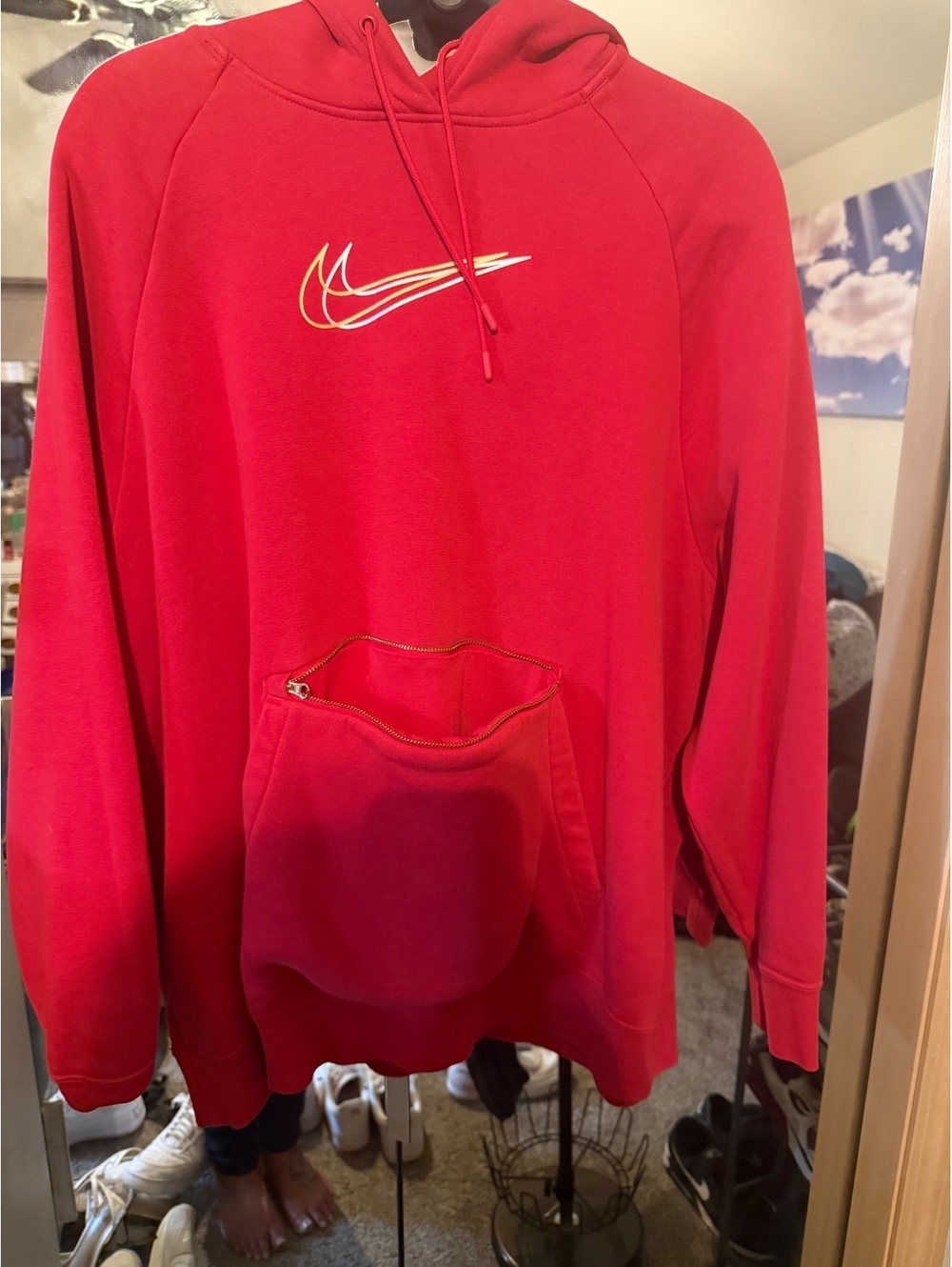 Nike Sportswear Hoodie Womens Large Oversized Fit Red Triple Multi Swoosh Zipper